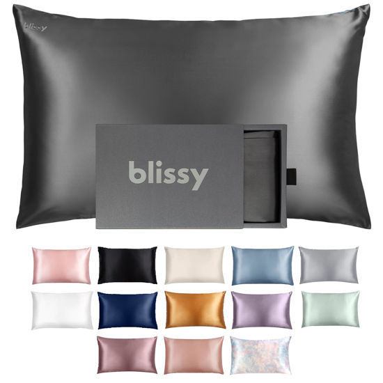Picture of Blissy Silk Pillowcase - 100% Pure Mulberry Silk - 22 Momme 6A High-Grade Fibers - Silk Pillow Cover for Hair & Skin - Regular, Queen & King with Hidden Zipper (Standard, Grey)
