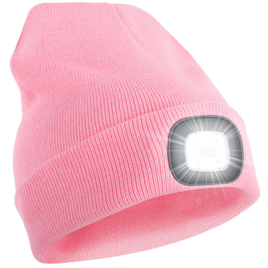 Picture of YMHB Unisex Beanie Hat with Light, USB Rechargeable LED Headlamp Hat Night Light Cap Christmas Stocking Stuffers Gifts for Men Dad Father Husband (Pink)