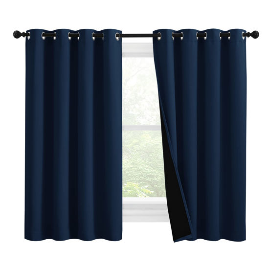 Picture of NICETOWN 100% Blackout Curtains with Black Liners, Thermal Insulated 2-Layer Lined Drapes, Energy Efficiency Small Window Draperies for Dining Room (Navy Blue, 2 Panels, 55 inches W by 57 inches L)