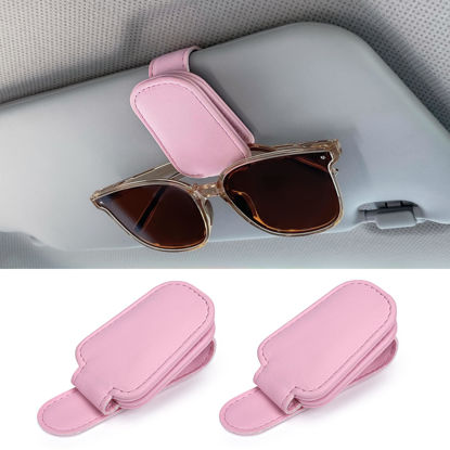 Picture of Sunglasses Holders for Car Sun Visor, 2pack Magnetic Leather Glasses Eyeglass Hanger Clip for Car, Ticket Business Card Clip Eyeglasses Mount Car Visor Accessories (Pink)