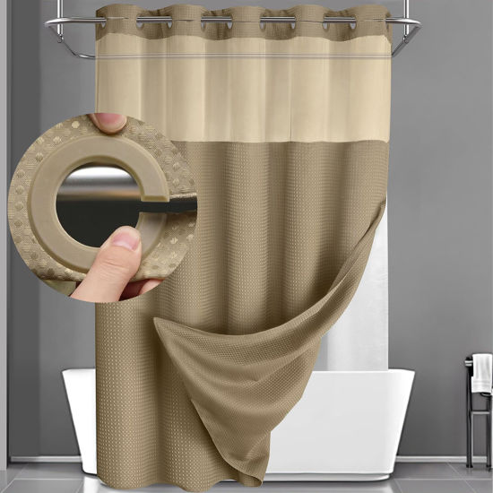 Picture of YellyHommy No Hook Shower Curtain with Snap in Liner Set Less Time Waffle Shower Curtain for Bathroom (Beige, 81" L x 72" W)