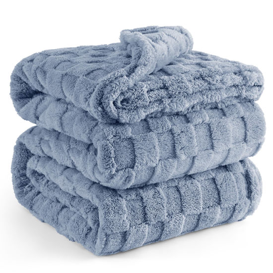 Picture of Bedsure Ashley Blue Fleece Blanket for Couch - Super Soft Cozy Queen Blankets for Women, Cute Small Throws for Girls, 90x90 Inches