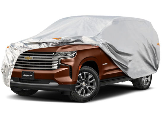 Picture of Kayme Large SUV Car Cover Waterproof All Weather for Automobiles, Outdoor Full Size SUV Cover Rain Sun UV Protection, Universal Fit for Chevrolet Tahoe, Lincoln MKT, GMC Envoy (207-214 inch)