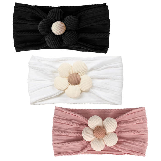 Picture of MIUXUESO 3 Pcs Baby Flower Headbands Baby Girls Nylon Headbands Soft Hairbands Hair Accessories for Newborn Infant Toddler Kids (White Black Pink)