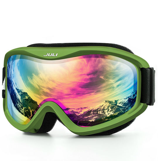 Picture of Juli Ski Goggle/Snow Snowboard Goggles for Men, Women & Youth - 100% UV Protection Anti-Fog Dual Lens(Green Frame Revo Pink Len)
