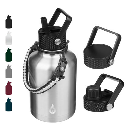 Picture of BJPKPK Insulated Water Bottles with Straw Lid,50oz Large Water Bottle,Stainless Steel Vacuum Water Bottle,Hot & Cold Insulated Water Bottles with 3 Lids and Paracord Handle,Stainless Steel