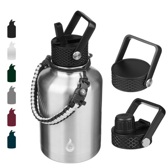 Picture of BJPKPK Insulated Water Bottles with Straw Lid,50oz Large Water Bottle,Stainless Steel Vacuum Water Bottle,Hot & Cold Insulated Water Bottles with 3 Lids and Paracord Handle,Stainless Steel