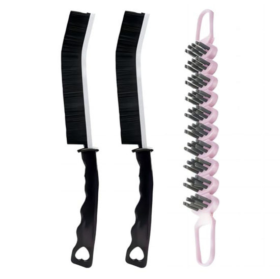 Picture of Crevice Cleaning Brush Hard Bristle Grout Cleaner Brush Scrub Brush Toilet Brush Cleaning Tools Cleaning Supplies for Household Use Bathroom Kitchen 3 Pcs (Black&Pink)