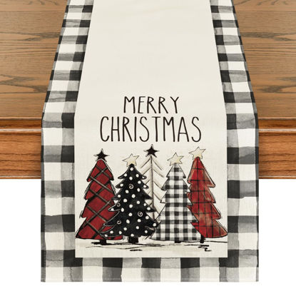 Picture of Artoid Mode Waterclor Buffalo Plaid Christmas Trees Merry Xmas Table Runner, Seasonal Winter Holiday Kitchen Dining Table Decoration for Indoor Outdoor Home Party Decor 13 x 48 Inch