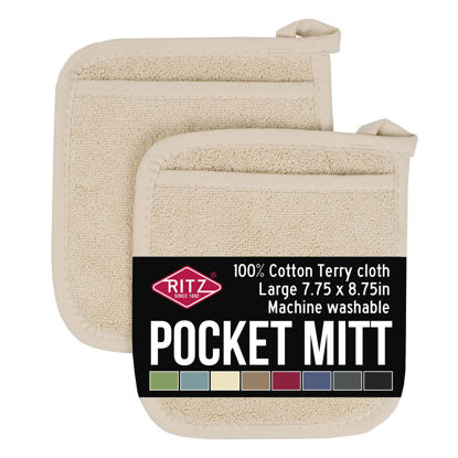 Picture of Ritz Terry Pocket Mitt & Hot Pad: Unparalleled Heat Resistant, Durable 100% Cotton - Ergonomically Designed for Optimal Grip - Easy-Care Machine Washable, Perfect for Your Kitchen - Latte, 2-Pk