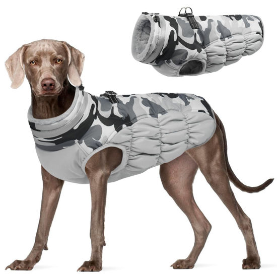 Picture of FUAMEY Dog Winter Jacket,Dog Cold Weather Coats Paded Dog Vest with Harness Built in Pet Warm Clothes Dog Apparel with Back Zipper Dog Water Resistant Coat for Small Medium Large Dogs Grey Camo XL