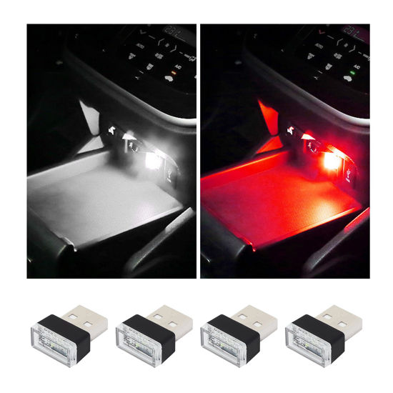 Picture of Augeny 4 PCS USB LED Car Interior Atmosphere Lamp, Plug-in USB Decor Night Light, Portable Auto Ambient Lighting Kit, Universal Vehicle Interior Accessories for Most Cars (White & Red)