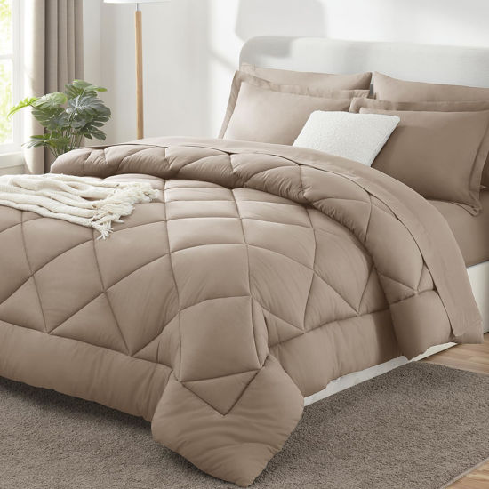 Picture of CozyLux Full Comforter Set with Sheets 7 Pieces Bed in a Bag Khaki All Season Bedding Sets with Comforter, Pillow Shams, Flat Sheet, Fitted Sheet and Pillowcases