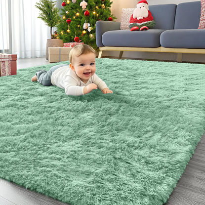 Picture of OLANLY Area Rugs for Living Room Bedroom, Machine Washable 4x5.9 Feet Soft Fluffy Shaggy Bedside Rug, Indoor Floor Carpet for Kids Girls Boys, Dorms, Nursery Rooms, Home Decor Aesthetic, Mint Green