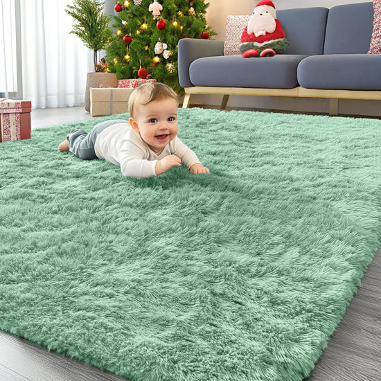 Picture of OLANLY Area Rugs for Living Room Bedroom, Machine Washable 4x5.9 Feet Soft Fluffy Shaggy Bedside Rug, Indoor Floor Carpet for Kids Girls Boys, Dorms, Nursery Rooms, Home Decor Aesthetic, Mint Green