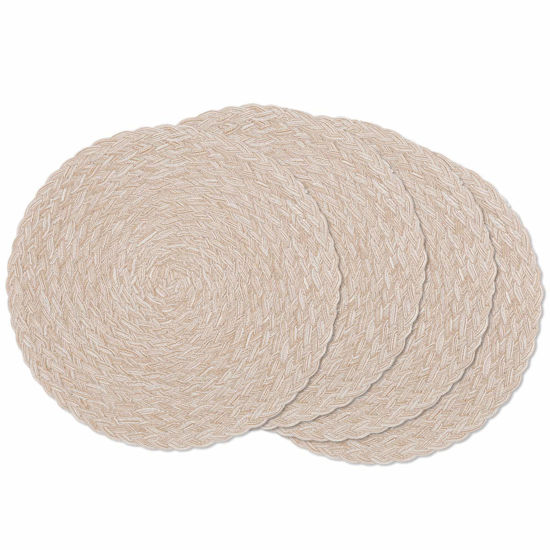Picture of SHACOS Round Braided Placemats 15 inch Set of 4 Thick Washable Kitchen Table Placemats for Home Wedding Party (T-Beige, 4)