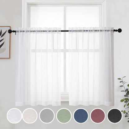 Picture of OWENIE Short White Sheer Curtains 36 Inches 2 Panels Set - Kitchen Tiers Valances Curtains Light Filter Rod Pocket Voile Cafe Curtains for Kitchen Bathroom Small Half Window, 42 in W x 36 in L