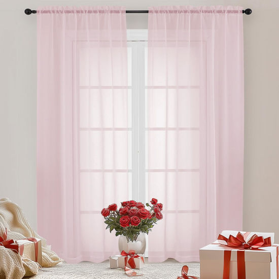 Picture of OWEINE Sheer Curtains 84 Inches Long 2 Panels Set, Rod Pocket Fimly Voile Solid Blush Window Curtain Panels for Living Room Bedroom, Soft Voile Sheer Curtains & Drapes, Total 84 Inches Width