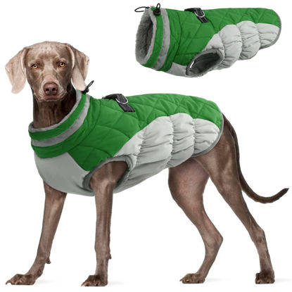 Picture of FUAMEY Dog Coat,Warm Dog Jacket Winter Coat Paded Dog Fleece Vest Reflective Dog Cold Weather Coats with Built in Harness Waterproof Windproof Dog Snow Jacket Clothes with Zipper Green XX-Large