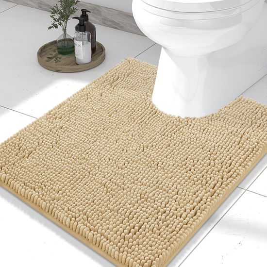 Picture of Smiry Luxury Chenille Toilet Rugs U-Shaped 24x20, Soft Absorbent Non-Slip Contour Bathroom Rugs for Toilet, Machine Washable Contoured Bath Mats, Beige