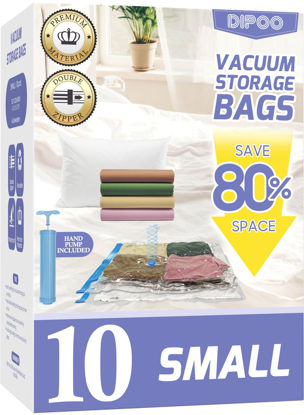 Picture of 10 Pack Small Vacuum Storage Bags with Hand Pump, 80% Storage Space Saving, Sturdy Leak-Free Space Saver Vacuum Seal Bags for Clothing, Vacuum Compression Bags for Travel Lugggage
