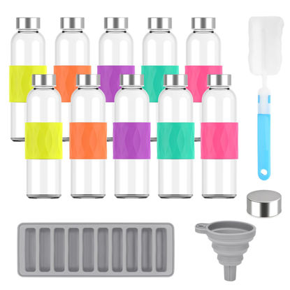 Picture of Zukro Glass Water Bottles with Lids 18 oz, Reusable Clear Juice Bottles with Stainless Steel Airtight Cap for Juicing, Leak Proof Drinking Bottles with Silicone Grip Sleeve, BPA Free, Set of 10