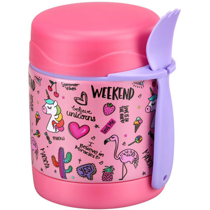 Picture of Pawtong 10oz Soup Thermo for Hot Food Kids Insulated Food Jar,Thermo Hot Food Lunch Container, Width Mouth Stainless Steel Lunch Box for Kids with Spoon (Pink-flamingo)