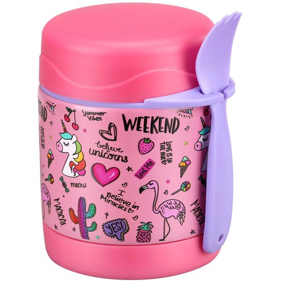 Picture of Pawtong 10oz Soup Thermo for Hot Food Kids Insulated Food Jar,Thermo Hot Food Lunch Container, Width Mouth Stainless Steel Lunch Box for Kids with Spoon (Pink-flamingo)