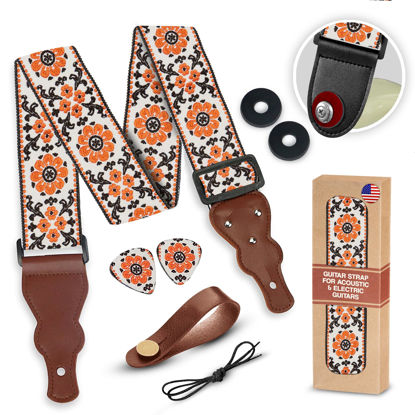 Picture of Guitar Strap For Acoustic Guitar , Electric Guitar and Bass Guitar, Adjustable Woven Flowers Guitar Strap W/ FREE BONUS 2 Picks + Strap Locks + Strap Button. Gift Set For Men & Women Guitar Players