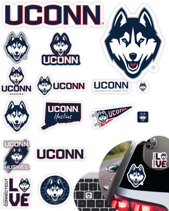 Picture of UConn Stickers (14 Piece) UConn Huskies Gifts for Men Football Fans for Car Laptop Water Bottle + 2 Large UConn Huskies Car Decals, 10 Water Bottle Size, 2 Keyboard UConn Merch (UCONN Huskies)