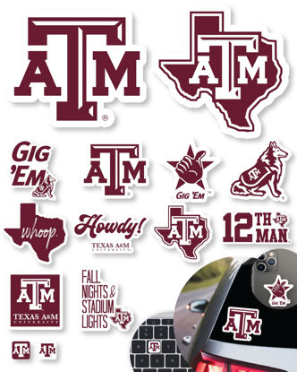 Picture of Texas A&M Stickers (14 Stickers) 2 Large 5" for Car Windows 10 Medium 2.5" for Water Bottles Laptops Phones and 2 Mini Keyboard Decals Texas A&M Gift for Men or Women Football Fans (Texas A&M Aggies)