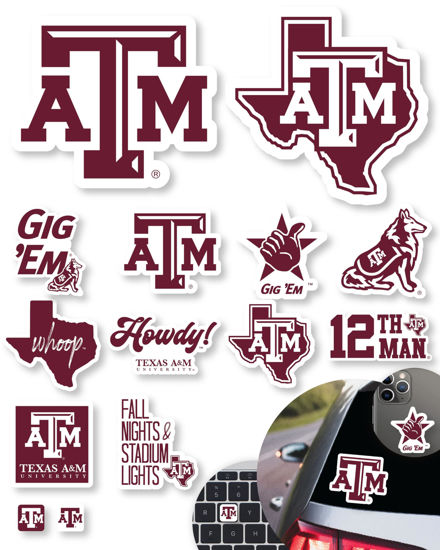 Picture of Texas A&M Stickers (14 Stickers) 2 Large 5" for Car Windows 10 Medium 2.5" for Water Bottles Laptops Phones and 2 Mini Keyboard Decals Texas A&M Gift for Men or Women Football Fans (Texas A&M Aggies)