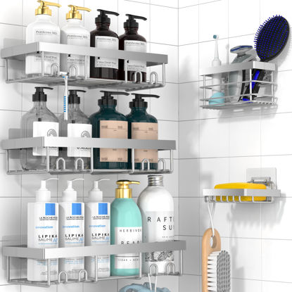 Picture of Moforoco Adhesive Shower Caddy Organizer Shelves Rack - 5 Pack Corner Bathroom Storage Organization, Home & Kitchen Decor Inside RV Accessories, Hanging First Apartment Household Camper Essentials