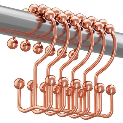 Picture of Titanker Shower Curtain Hooks Rings Rust Resistant Metal Double Glide Shower Hooks Rings for Bathroom Shower Rods Curtains, Set of 12 Hooks - Rose Gold