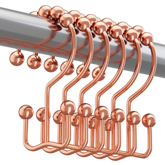 Picture of Titanker Shower Curtain Hooks Rings Rust Resistant Metal Double Glide Shower Hooks Rings for Bathroom Shower Rods Curtains, Set of 12 Hooks - Rose Gold