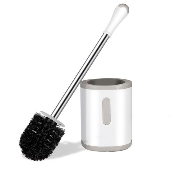Picture of AONEZ Compact Toilet Brush & Holder, Stainless Steel Handle, Space Saving for Storage, Deep Cleaning, Drip-Proof, Easy to Assemble, Nylon Bristles, White & Grey
