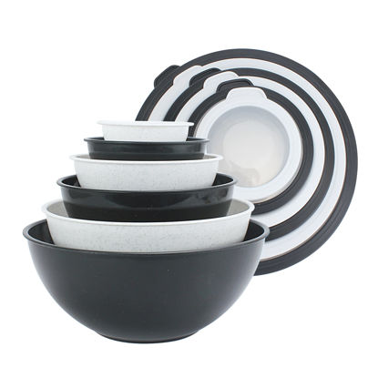Picture of COOK WITH COLOR Mixing Bowls with TPR Lids - 12 Piece Plastic Nesting Bowls Set includes 6 Prep Bowls and 6 Lids, Microwave Safe Mixing Bowl Set (Black and White)