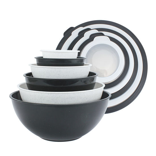 Picture of COOK WITH COLOR Mixing Bowls with TPR Lids - 12 Piece Plastic Nesting Bowls Set includes 6 Prep Bowls and 6 Lids, Microwave Safe Mixing Bowl Set (Black and White)
