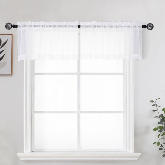 Picture of OWENIE White Sheer Curtains for Kitchen Valance Set of 2, Small Short Modern Rod Pocket Voile Valance Curtain Window Treatment Decor for Living Room Bathroom Cafe Laundry Basement, 42" W x 14" L