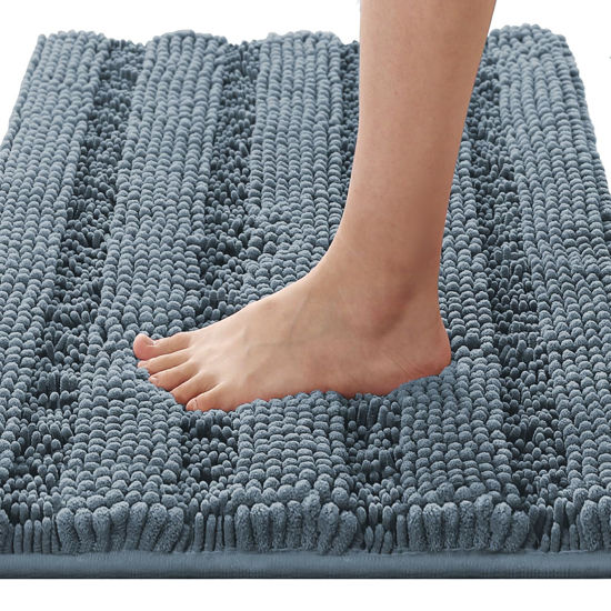 Picture of H.VERSAILTEX Bathroom Rugs Bath Rugs for Bathroom Non Slip Bath Mats Extra Thick Chenille Striped Rug 17" x 24" Absorbent Soft Shaggy Washable Dry Fast Bath Mats for Bathroom Floor - Stone Blue