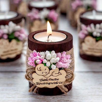 Picture of Ju's Favors Wooden Candle Holders (Set of 10), Baby Christening Favors, Girl Christening Favors, Baby Christening Party Favors for Guests. (Dark-pink baby)