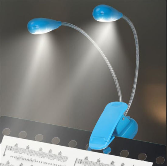 Picture of Music Stand Light, Clip on LED Book Lights, USB and AAA Battery Operated, Reading Lamp in Bed, 4 Brightness Levels, Ideal for Musician, Piano Player, Kids, Travel (Dual Arm, Blue)