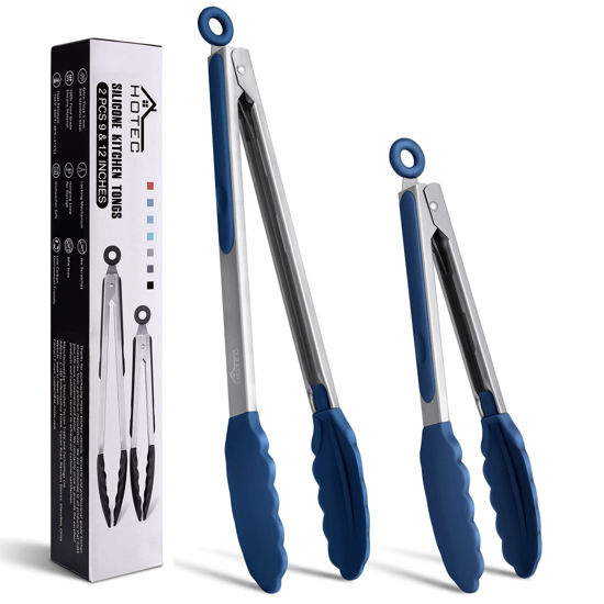 Picture of HOTEC Premium Stainless Steel Locking Kitchen Tongs with Silicon Tips, Set of 2-9" and 12", Classic Blue