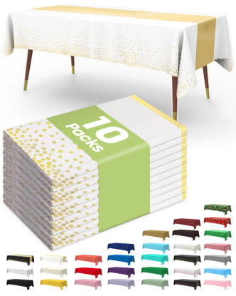 Picture of Pureegg Plastic Table Cloth Disposable 10 Pack, 54 x 108 Inch Table Cloths for Parties, Decorative Tablecloths for Rectangle Tables, White Plastic Table Cover, Leakproof & Sturdy, White Gold