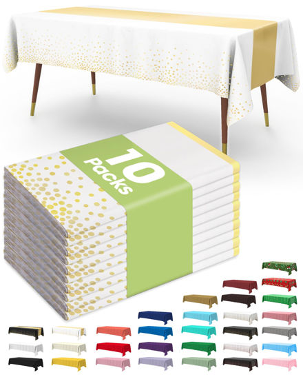Picture of Pureegg Plastic Table Cloth Disposable 10 Pack, 54 x 108 Inch Table Cloths for Parties, Decorative Tablecloths for Rectangle Tables, White Plastic Table Cover, Leakproof & Sturdy, White Gold