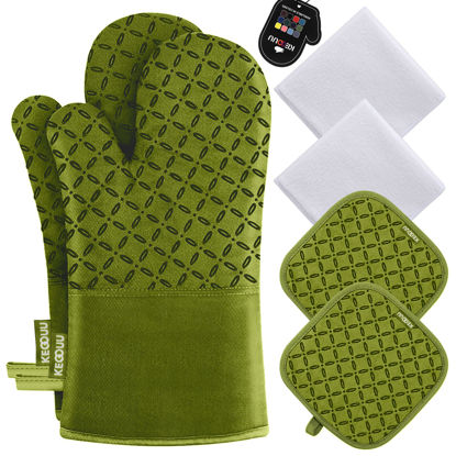 Picture of KEGOUU Oven Mitts and Pot Holders 6pcs Set, Kitchen Oven Glove High Heat Resistant 500 Degree Extra Long Oven Mitts and Potholder with Non-Slip Silicone Surface for Cooking (Olive Drab)