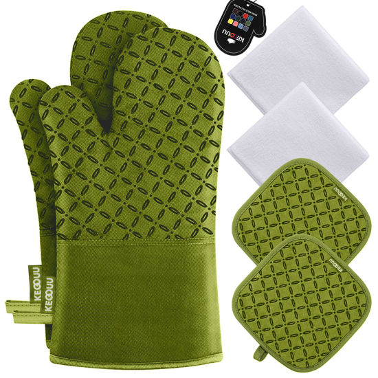 Picture of KEGOUU Oven Mitts and Pot Holders 6pcs Set, Kitchen Oven Glove High Heat Resistant 500 Degree Extra Long Oven Mitts and Potholder with Non-Slip Silicone Surface for Cooking (Olive Drab)