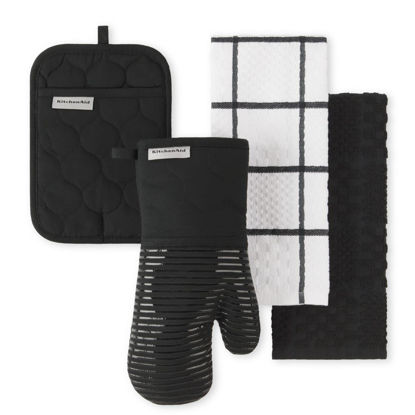 Picture of KitchenAid Quilted Cotton Terry Cloth Oven Mitt, Pot Holder Heat Resistant, 16"x26", 7"x13" & 7"x10", Onyx Black