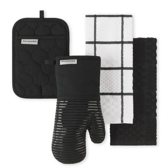 Picture of KitchenAid Quilted Cotton Terry Cloth Oven Mitt, Pot Holder Heat Resistant, 16"x26", 7"x13" & 7"x10", Onyx Black