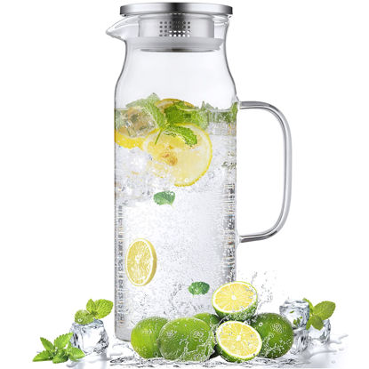 Picture of 1.6 Liter 54 oz Glass Pitcher with Lid and Spout, Bivvclaz Glass Water Pitcher for Fridge, Glass Carafe for Hot/Cold Water, Iced Tea Pitcher, Drink Pitcher for Coffee, Juice and Homemade Beverage